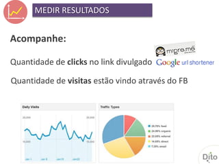 MEDIR RESULTADOS


Acompanhe:

Quantidade de clicks no link divulgado

Quantidade de visitas estão vindo através do FB
 