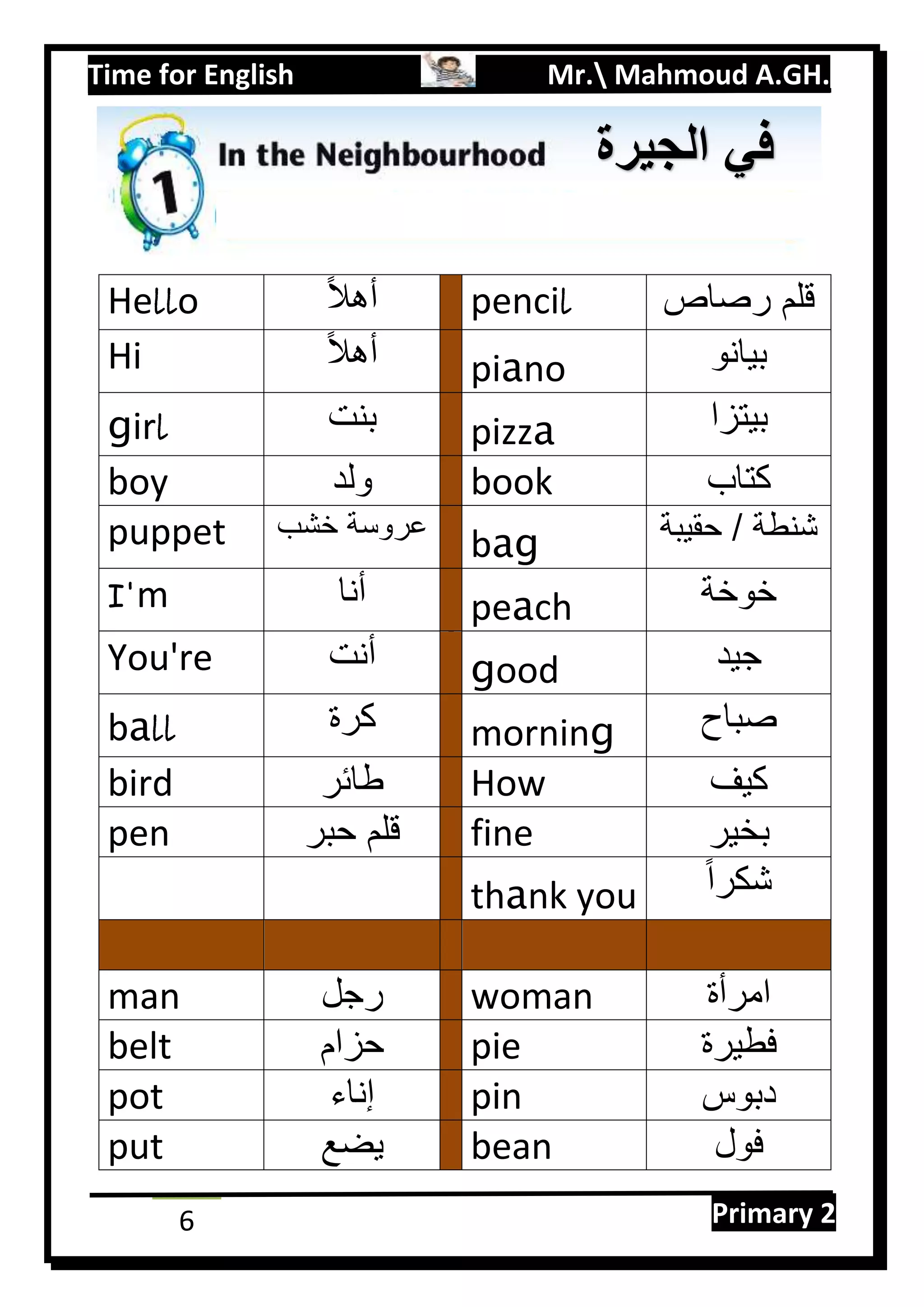 Time for English Mr. Mahmoud A.GH.
Primary 26
Hello ‫ا‬‫ل‬‫أه‬ pencil ‫رصاص‬ ‫قلم‬
Hi ‫ا‬‫ل‬‫أه‬ piano ‫بيانو‬
girl ‫بنت‬ pizza ‫بيتزا‬
boy ‫ولد‬ book ‫كتاب‬
puppet ‫خشب‬ ‫عروسة‬
bag ‫حقيبة‬ / ‫شنطة‬
I'm ‫أنا‬ peach ‫خوخة‬
You're ‫أنت‬ good ‫جيد‬
ball ‫كرة‬ morning ‫صباح‬
bird ‫طائر‬ How ‫كيف‬
pen ‫حبر‬ ‫قلم‬ fine ‫بخير‬
thank you ‫ا‬‫ا‬‫شكر‬
man ‫رجل‬ woman ‫امرأة‬
belt ‫حزام‬ pie ‫فطيرة‬
pot ‫إناء‬ pin ‫دبوس‬
put ‫يضع‬ bean ‫فول‬
‫الجير‬ ‫في‬‫ة‬
 