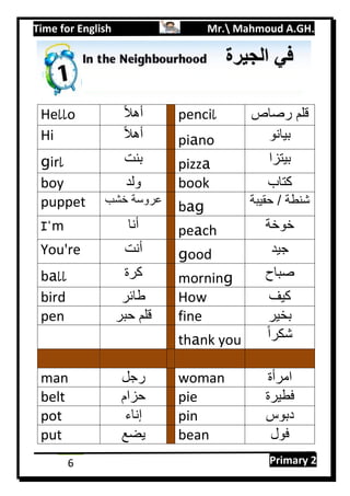 Time for English Mr. Mahmoud A.GH.
Primary 26
Hello ‫ا‬‫ل‬‫أه‬ pencil ‫رصاص‬ ‫قلم‬
Hi ‫ا‬‫ل‬‫أه‬ piano ‫بيانو‬
girl ‫بنت‬ pizza ‫بيتزا‬
boy ‫ولد‬ book ‫كتاب‬
puppet ‫خشب‬ ‫عروسة‬
bag ‫حقيبة‬ / ‫شنطة‬
I'm ‫أنا‬ peach ‫خوخة‬
You're ‫أنت‬ good ‫جيد‬
ball ‫كرة‬ morning ‫صباح‬
bird ‫طائر‬ How ‫كيف‬
pen ‫حبر‬ ‫قلم‬ fine ‫بخير‬
thank you ‫ا‬‫ا‬‫شكر‬
man ‫رجل‬ woman ‫امرأة‬
belt ‫حزام‬ pie ‫فطيرة‬
pot ‫إناء‬ pin ‫دبوس‬
put ‫يضع‬ bean ‫فول‬
‫الجير‬ ‫في‬‫ة‬
 