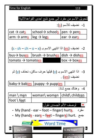 Time for English .
Primary 4 term 1 Mr.  ‫هنا‬ ‫حضرتك‬ ‫اسم‬ ‫.ضع‬
113
:‫القواعداآلتية‬ ‫احدى‬ ‫نتبع‬ ‫جمع‬ ‫إلى‬ ‫مفرد‬ ‫من‬ ‫االسم‬ ‫لتحويل‬
1-( ‫لالسم‬ ‫نضيف‬s:)
cat → cats school→ schools pen → pens
arm → arms leg → legs ear → ears
2-‫نضيف‬)es(‫بـ‬ ‫االسم‬ ‫انتهى‬ ‫اذا‬)x–o–ch–sh-s(
bus→ buses brush → brushes dish → dishes
tomato → tomatoes box → boxes
3-‫بـ‬ ‫االسم‬ ‫انتهى‬ ‫اذا‬(y)‫نحذف‬ ،‫ساكن‬ ‫حرف‬ ‫قبلها‬(y)‫ثم‬
‫نضيف‬)ies(.
baby→ babies puppy → puppies
4-:‫شاذ‬ ‫جمع‬ ‫وهناك‬
man  men woman women child children
foot  feet
:‫نقول‬ ‫الجسدى‬ ‫األلم‬ ‫لوصف‬
- My (hand - ear – foot – finger) hurts. ‫مفرد‬
- My (hands - ears – feet – fingers) hurt. ‫جمع‬
Word Time
5. my finger
6. my leg
7. whee! My foot
 