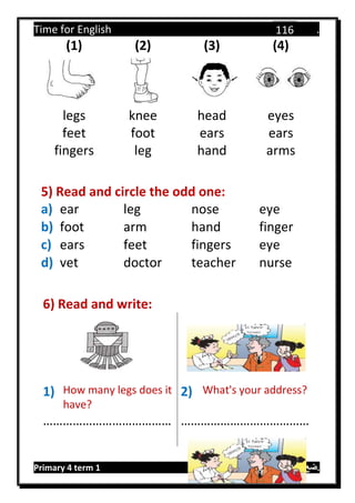 Time for English .
Primary 4 term 1 Mr.  ‫هنا‬ ‫حضرتك‬ ‫اسم‬ ‫.ضع‬
116
(1) (2) (3) (4)
legs knee head eyes
feet foot ears ears
fingers leg hand arms
5) Read and circle the odd one:
a) ear leg nose eye
b) foot arm hand finger
c) ears feet fingers eye
d) vet doctor teacher nurse
6) Read and write:
1) How many legs does it
have?
2) What's your address?
………………………………… …………………………………
 
