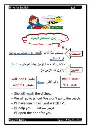 Time for English .
Primary 4 term 1 Mr.  ‫هنا‬ ‫حضرتك‬ ‫اسم‬ ‫.ضع‬
128
-‫الزمن‬ ‫هذا‬ ‫يستخدم‬‫تقع‬ ‫سوف‬ ‫أحداث‬ ‫عن‬ ‫للتعبير‬
‫المستقبل‬ ‫في‬.
-‫أيضا‬ ‫الزمن‬ ‫هذا‬ ‫يستخدم‬ ‫كما‬‫مساعدة‬ ‫لعرض‬.
:‫من‬ ‫الزمن‬ ‫هذا‬ ‫يتكون‬
‫النفى‬ ‫وفى‬
- She will wash the dishes.
- We will go to school. We won't go to the beach.
- I'll have lunch. I will not watch TV.
- I'll help you. ‫مساعدة‬ ‫عرض‬
- I'll open the door for you.
‫البسيط‬ ‫المستقبل‬ ‫زمن‬
‫االستخدام‬:
‫التكوين‬:
will + ‫مصدر‬
'll + ‫مصدر‬
will not + ‫مصدر‬
won't + ‫مصدر‬
 
