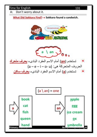 Time for English .
Primary 4 term 1 Mr.  ‫هنا‬ ‫حضرتك‬ ‫اسم‬ ‫.ضع‬
131
A: Don’t worry about it.
What Did Sokkara Find? Sokkara found a sandwich.
‫تستخدم‬)an(‫البادىء‬ ‫المفرد‬ ‫االسم‬ ‫أمام‬‫متحرك‬ ‫بحرف‬
:‫هى‬ ‫المتحركة‬ ‫الحروف‬(a – e – i – o- u)
‫تستخدم‬)a(‫البادىء‬ ‫المفرد‬ ‫االسم‬ ‫أمام‬‫ساكن‬ ‫بحرف‬
a  an
(a  an) = one
book
cat
fish
queen
hand
a
apple
egg
ice cream
ox
umbrella
an
 