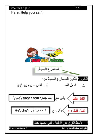 Time for English .
Primary 4 term 1 Mr.  ‫هنا‬ ‫حضرتك‬ ‫اسم‬ ‫.ضع‬
15
Here. Help yourself.
:‫التكوين‬:‫من‬ ‫البسيط‬ ‫المضارع‬ ‫يتكون‬
1.+ ‫الفعل‬ ‫أو‬ ‫فقط‬ ‫الفعل‬ies es  s
‫مع‬ ‫يأتى‬
‫مع‬ ‫يأتى‬
.‫خط‬ ‫تحتها‬ ‫التى‬ ‫األفعال‬ ‫بين‬ ‫الفرق‬ ‫الحظ‬ ..!!
‫فقط‬ ‫الفعل‬I  we they  you ‫جمع‬ ‫اسم‬
+ ‫فقط‬ ‫الفعل‬sHe she it  ‫مفرد‬ ‫اسم‬
:‫البسيط‬ ‫المضارع‬
 