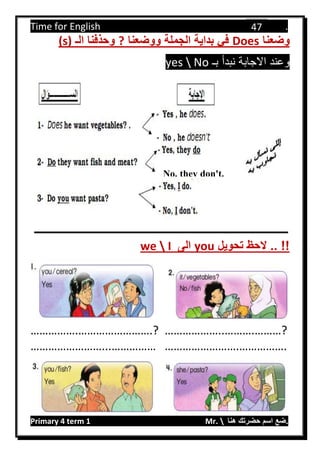 Time for English .
Primary 4 term 1 Mr.  ‫هنا‬ ‫حضرتك‬ ‫اسم‬ ‫.ضع‬
47
‫وضعنا‬Does‫ووضعنا‬ ‫الجملة‬ ‫بداية‬ ‫في‬?‫الـ‬ ‫وحذفنا‬(s)
‫بـ‬ ‫نبدأ‬ ‫االجابة‬ ‫وعند‬Noyes
‫ال‬ .. !!‫تحويل‬ ‫حظ‬you‫الى‬Iwe
…………….…………………….? ………………..……….………?
……………………...…………… …………………….…………….
No, they don't.
 