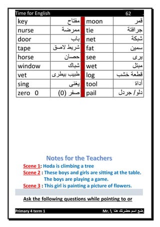 Time for English .
Primary 4 term 1 Mr.  ‫هنا‬ ‫حضرتك‬ ‫اسم‬ ‫.ضع‬
62
key ‫مفتاح‬ moon ‫قمر‬
nurse ‫ممرضة‬ tie ‫جرافتة‬
door ‫باب‬ net ‫شبكة‬
tape ‫الصق‬ ‫شريط‬ fat ‫سمين‬
horse ‫حصان‬ see ‫يرى‬
window ‫شباك‬ wet ‫مبتل‬
vet ‫بيط‬ ‫طبيب‬‫رى‬ log ‫خشب‬ ‫قطعة‬
sing ‫يغنى‬ tool ‫أداة‬
zero 0 ( ‫صفر‬0) pail ‫جردل‬ /‫دلو‬
Scene 1: Hoda is climbing a tree
Scene 2 : These boys and girls are sitting at the table.
The boys are playing a game.
Scene 3 : This girl is painting a picture of flowers.
Ask the following questions while pointing to or
 