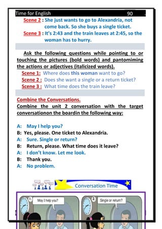 Time for English .
Primary 4 term 1 Mr.  ‫هنا‬ ‫حضرتك‬ ‫اسم‬ ‫.ضع‬
90
Scene 2 : She just wants to go to Alexandria, not
come back. So she buys a single ticket.
Scene 3 : It’s 2:43 and the train leaves at 2:45, so the
woman has to hurry.
Ask the following questions while pointing to or
touching the pictures (bold words) and pantomiming
the actions or adjectives (italicized words).
Scene 1: Where does this woman want to go?
Scene 2 : Does she want a single or a return ticket?
Scene 3 : What time does the train leave?
Combine the Conversations.
Combine the unit 2 conversation with the target
conversationon the boardin the following way:
A: May I help you?
B: Yes, please. One ticket to Alexandria.
A: Sure. Single or return?
B: Return, please. What time does it leave?
A: I don’t know. Let me look.
B: Thank you.
A: No problem.
Conversation Time
 