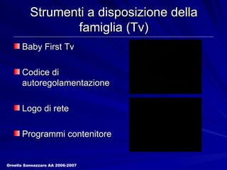 Strumenti a disposizione della famiglia (Tv) Baby First Tv Codice di autoregolamentazione Logo di rete Programmi contenitore Ornella Sannazzaro AA 2006-2007 