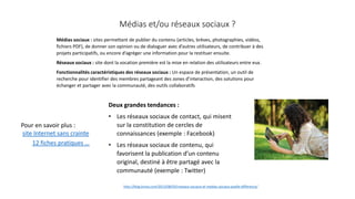 Médias et/ou réseaux sociaux ?
Médias sociaux : sites permettant de publier du contenu (articles, brèves, photographies, vidéos,
fichiers PDF), de donner son opinion ou de dialoguer avec d’autres utilisateurs, de contribuer à des
projets participatifs, ou encore d’agréger une information pour la restituer ensuite.
Réseaux sociaux : site dont la vocation première est la mise en relation des utilisateurs entre eux.
Fonctionnalités caractéristiques des réseaux sociaux : Un espace de présentation, un outil de
recherche pour identifier des membres partageant des zones d’interaction, des solutions pour
échanger et partager avec la communauté, des outils collaboratifs
Deux grandes tendances :
• Les réseaux sociaux de contact, qui misent
sur la constitution de cercles de
connaissances (exemple : Facebook)
• Les réseaux sociaux de contenu, qui
favorisent la publication d’un contenu
original, destiné à être partagé avec la
communauté (exemple : Twitter)
http://blog.kinoa.com/2013/08/05/reseaux-sociaux-et-medias-sociaux-quelle-difference/
12 fiches pratiques …
Pour en savoir plus :
site Internet sans crainte
 