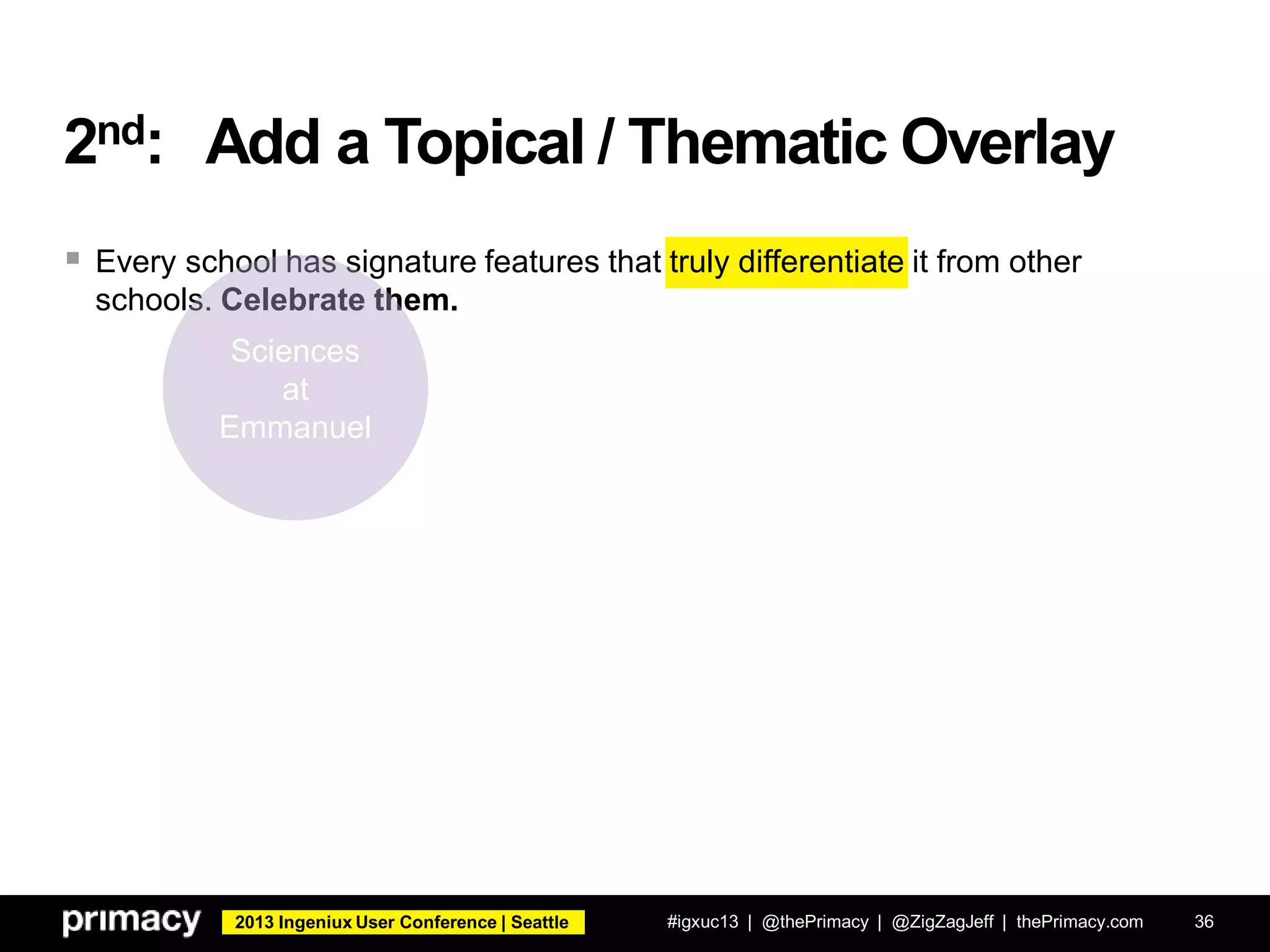 2013 Ingeniux User Conference | Seattle
 Every school has signature features that truly differentiate it from other
schools. Celebrate them.
2nd: Add a Topical / Thematic Overlay
#igxuc13 | @thePrimacy | @ZigZagJeff | thePrimacy.com 36
Sciences
at
Emmanuel
 