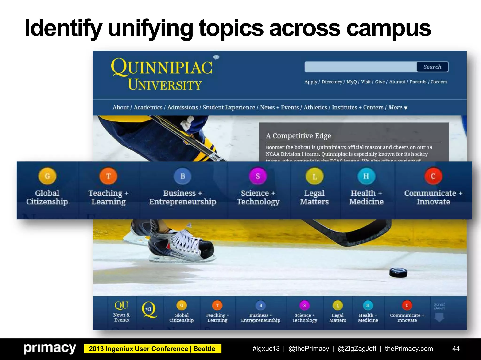 2013 Ingeniux User Conference | Seattle
Identify unifying topics across campus
#igxuc13 | @thePrimacy | @ZigZagJeff | thePrimacy.com 44
 
