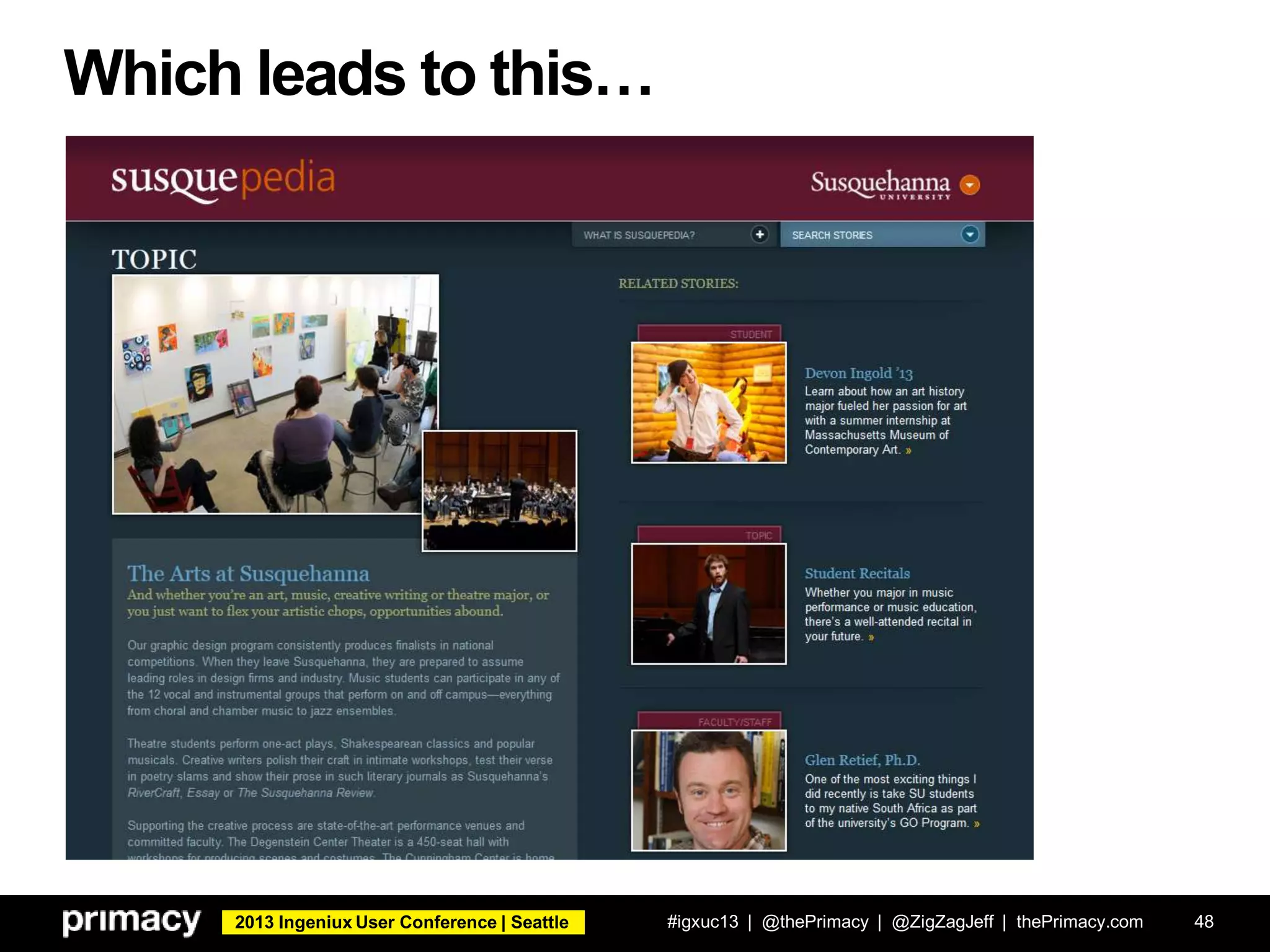 2013 Ingeniux User Conference | Seattle
Which leads to this…
#igxuc13 | @thePrimacy | @ZigZagJeff | thePrimacy.com 48
 