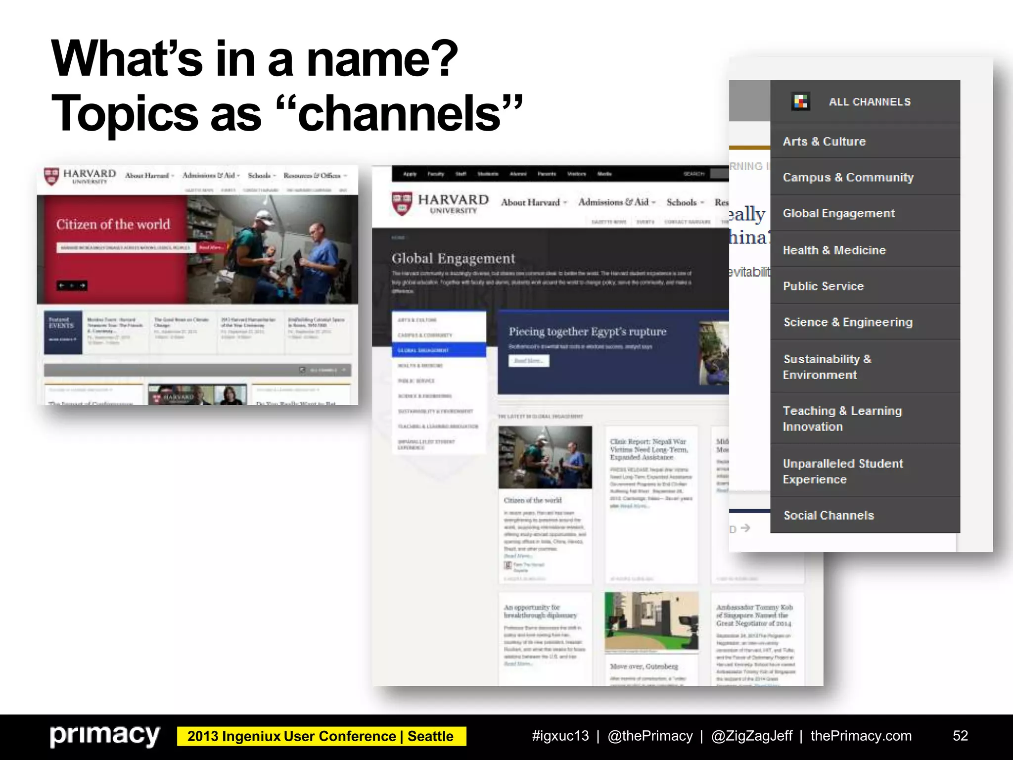 2013 Ingeniux User Conference | Seattle
What’s in a name?
Topics as “channels”
#igxuc13 | @thePrimacy | @ZigZagJeff | thePrimacy.com 52
 