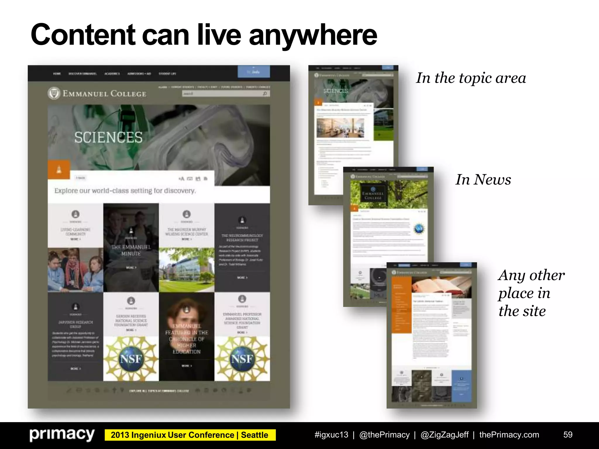 2013 Ingeniux User Conference | Seattle
Content can live anywhere
#igxuc13 | @thePrimacy | @ZigZagJeff | thePrimacy.com 59
In the topic area
In News
Any other
place in
the site
 