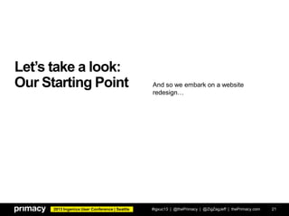2013 Ingeniux User Conference | Seattle
Let’s take a look:
Our Starting Point
#igxuc13 | @thePrimacy | @ZigZagJeff | thePrimacy.com 21
And so we embark on a website
redesign…
 