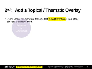 2013 Ingeniux User Conference | Seattle
 Every school has signature features that truly differentiate it from other
schools. Celebrate them.
2nd: Add a Topical / Thematic Overlay
#igxuc13 | @thePrimacy | @ZigZagJeff | thePrimacy.com 36
Sciences
at
Emmanuel
 