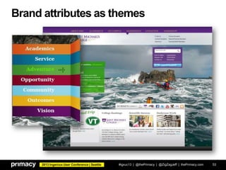 2013 Ingeniux User Conference | Seattle
Brand attributes as themes
#igxuc13 | @thePrimacy | @ZigZagJeff | thePrimacy.com 53
 