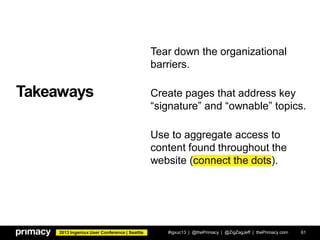 2013 Ingeniux User Conference | Seattle
Takeaways
#igxuc13 | @thePrimacy | @ZigZagJeff | thePrimacy.com 61
Tear down the organizational
barriers.
Create pages that address key
“signature” and “ownable” topics.
Use to aggregate access to
content found throughout the
website (connect the dots).
 