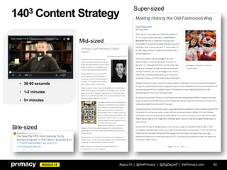 #IGXUC14
1403 Content Strategy
#igxuc14 | @thePrimacy | @ZigZagJeff | thePrimacy.com 62
Bite-sized
Mid-sized
Super-sized
• 30-60 seconds
• 1-2 minutes
• 5+ minutes
 