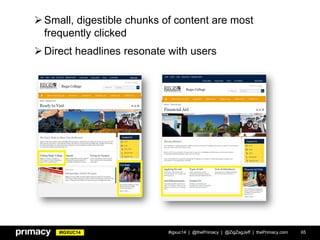 #IGXUC14 #igxuc14 | @thePrimacy | @ZigZagJeff | thePrimacy.com 65
Small, digestible chunks of content are most
frequently clicked
Direct headlines resonate with users
 