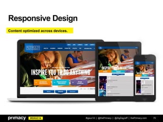 #IGXUC14
Responsive Design
#igxuc14 | @thePrimacy | @ZigZagJeff | thePrimacy.com 70
Content optimized across devices.
 