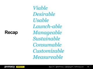 #IGXUC14
Recap
#igxuc14 | @thePrimacy | @ZigZagJeff | thePrimacy.com 95
Viable
Desirable
Usable
Launch-able
Manageable
Sustainable
Consumable
Customizable
Measureable
 