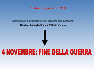 5 Anni di guerra: 1918



Ultimi attacchi e controffensive sia tedesche che austriache.
        Ottobre: battaglia finale a Vittorio Veneto.
 