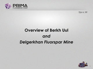 TSX-V: PF
Overview of Berkh Uul
and
Delgerkhan Fluorspar Mine
12
 