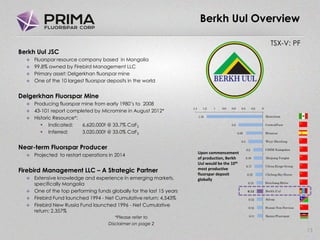 TSX-V: PF
Berkh Uul Overview
Berkh Uul JSC
 Fluorspar resource company based in Mongolia
 99.8% owned by Firebird Management LLC
 Primary asset: Delgerkhan fluorspar mine
 One of the 10 largest fluorspar deposits in the world
Delgerkhan Fluorspar Mine
 Producing fluorspar mine from early 1980’s to 2008
 43-101 report completed by Micromine in August 2012*
 Historic Resource*:
 Indicated: 6,620,000t @ 33.7% CaF2
 Inferred: 3,020,000t @ 33.0% CaF2
Near-term Fluorspar Producer
 Projected to restart operations in 2014
Firebird Management LLC – A Strategic Partner
 Extensive knowledge and experience in emerging markets,
specifically Mongolia
 One of the top performing funds globally for the last 15 years
 Firebird Fund launched 1994 - Net Cumulative return: 4,543%
 Firebird New Russia Fund launched 1996 - Net Cumulative
return: 2,357%
13
1.16
0.5
0.35
0.3
0.2
0.18
0.17
0.15
0.13
0.12
0.12
0.12
0.11
00.20.40.60.811.21.4
Mexichem
Centralfluor
Minersa
Wuyi Shenlong
CSZM Xiangzhen
Zhejiang Yongtai
China Kings Group
Chifeng Sky Horse
Huichang Shilei
Berkh Uul
Solvay
Hunan Non Ferrous
Kenya Fluorspar
Upon commencement
of production, Berkh
Uul would be the 10th
most productive
fluorspar deposit
globally
*Please refer to
Disclaimer on page 2
 