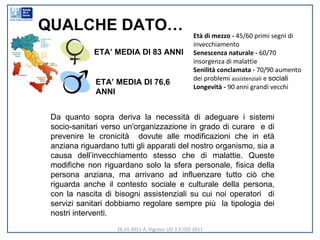 26.01.2011 A. Ingrasci UD 3.9 OSS 2011 ETA’ MEDIA DI 76,6 ANNI ETA’ MEDIA DI 83 ANNI Età di mezzo - 45/60 primi segni di invecchiamento Senescenza naturale - 60/70 insorgenza di malattie Senilità conclamata - 70/90 aumento dei problemi  assistenziali  e  sociali Longevità - 90 anni grandi vecchi QUALCHE DATO… Da quanto sopra deriva la necessità di adeguare i sistemi socio-sanitari verso un'organizzazione in grado di curare  e di prevenire le cronicità  dovute alle modificazioni che in età anziana riguardano tutti gli apparati del nostro organismo, sia a causa dell’invecchiamento stesso che di malattie. Queste modifiche non riguardano solo la sfera personale, fisica della persona anziana, ma arrivano ad influenzare tutto ciò che riguarda anche il contesto sociale e culturale della persona, con la nascita di bisogni assistenziali su cui noi operatori  di servizi sanitari dobbiamo regolare sempre più  la tipologia dei nostri interventi. 