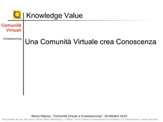 Marco Palazzo, “Comunità Virtuali e Crowdsourcing”, 18 Ottobre 2010
Documento ad uso del corso “Social Media Marketing - CARSA”. Ne è vietata la distribuzione al pubblico e la riproduzione, anche parziale.
Marco Palazzo, “Comunità Virtuali e Crowdsourcing”, 18 Ottobre 2010
Documento ad uso del corso “Social Media Marketing - CARSA”. Ne è vietata la distribuzione al pubblico e la riproduzione, anche parziale.
Knowledge Value
Una Comunità Virtuale crea Conoscenza
Comunità
Virtuali
Crowdsourcing
 