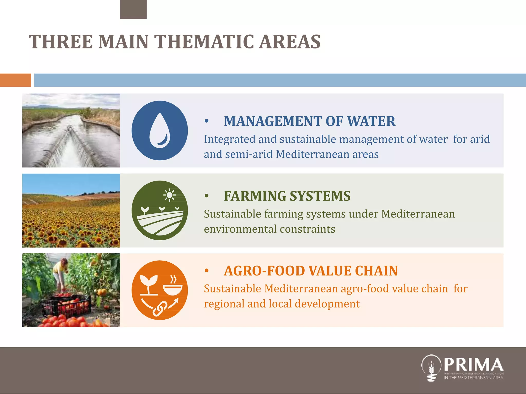 trategic Research and Innovation
Agenda
raft - August 10th 2017
• MANAGEMENT OF WATER
Integrated and sustainable management of water for arid
and semi-arid Mediterranean areas
• FARMING SYSTEMS
Sustainable farming systems under Mediterranean
environmental constraints
• AGRO-FOOD VALUE CHAIN
Sustainable Mediterranean agro-food value chain for
regional and local development
THREE MAIN THEMATIC AREAS
 