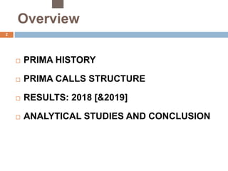 Overview
2
 PRIMA HISTORY
 PRIMA CALLS STRUCTURE
 RESULTS: 2018 [&2019]
 ANALYTICAL STUDIES AND CONCLUSION
 