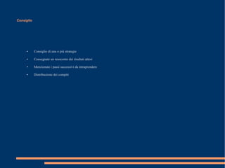 Consiglio

●

Consiglio di una o più strategie

●

Consegnate un resoconto dei risultati attesi

●

Menzionate i passi successivi da intraprendere

●

Distribuzione dei compiti

 