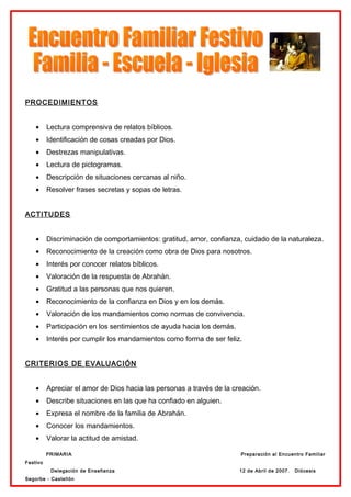 PROCEDIMIENTOS


    •     Lectura comprensiva de relatos bíblicos.
    •     Identificación de cosas creadas por Dios.
    •     Destrezas manipulativas.
    •     Lectura de pictogramas.
    •     Descripción de situaciones cercanas al niño.
    •     Resolver frases secretas y sopas de letras.


ACTITUDES


    •     Discriminación de comportamientos: gratitud, amor, confianza, cuidado de la naturaleza.
    •     Reconocimiento de la creación como obra de Dios para nosotros.
    •     Interés por conocer relatos bíblicos.
    •     Valoración de la respuesta de Abrahán.
    •     Gratitud a las personas que nos quieren.
    •     Reconocimiento de la confianza en Dios y en los demás.
    •     Valoración de los mandamientos como normas de convivencia.
    •     Participación en los sentimientos de ayuda hacia los demás.
    •     Interés por cumplir los mandamientos como forma de ser feliz.


CRITERIOS DE EVALUACIÓN


    •     Apreciar el amor de Dios hacia las personas a través de la creación.
    •     Describe situaciones en las que ha confiado en alguien.
    •     Expresa el nombre de la familia de Abrahán.
    •     Conocer los mandamientos.
    •     Valorar la actitud de amistad.

          PRIMARIA                                                      Preparación al Encuentro Familiar
Festivo
           Delegación de Enseñanza                                      12 de Abril de 2007.   Diócesis
Segorbe - Castellón
 