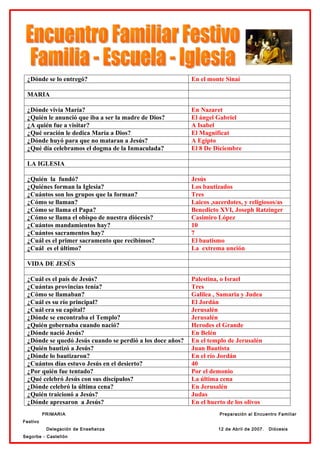 ¿Dónde se lo entregó?                                     En el monte Sinaí

 MARIA

 ¿Dónde vivía María?                                       En Nazaret
 ¿Quién le anunció que iba a ser la madre de Dios?         El ángel Gabriel
 ¿A quién fue a visitar?                                   A Isabel
 ¿Qué oración le dedica María a Dios?                      El Magnificat
 ¿Dónde huyó para que no mataran a Jesús?                  A Egipto
 ¿Qué día celebramos el dogma de la Inmaculada?            El 8 De Diciembre

 LA IGLESIA

 ¿Quién la fundó?                                          Jesús
 ¿Quiénes forman la Iglesia?                               Los bautizados
 ¿Cuántos son los grupos que la forman?                    Tres
 ¿Cómo se llaman?                                          Laicos ,sacerdotes, y religiosos/as
 ¿Cómo se llama el Papa?                                   Benedicto XVI, Joseph Ratzinger
 ¿Cómo se llama el obispo de nuestra diócesis?             Casimiro López
 ¿Cuántos mandamientos hay?                                10
 ¿Cuántos sacramentos hay?                                 7
 ¿Cuál es el primer sacramento que recibimos?              El bautismo
 ¿Cuál es el último?                                       La extrema unción

 VIDA DE JESÚS

 ¿Cuál es el país de Jesús?                                Palestina, o Israel
 ¿Cuántas provincias tenía?                                Tres
 ¿Cómo se llamaban?                                        Galilea , Samaria y Judea
 ¿Cuál es su río principal?                                El Jordán
 ¿Cuál era su capital?                                     Jerusalén
 ¿Dónde se encontraba el Templo?                           Jerusalén
 ¿Quién gobernaba cuando nació?                            Herodes el Grande
 ¿Dónde nació Jesús?                                       En Belén
 ¿Dónde se quedó Jesús cuando se perdió a los doce años?   En el templo de Jerusalén
 ¿Quién bautizó a Jesús?                                   Juan Bautista
 ¿Dónde lo bautizaron?                                     En el río Jordán
 ¿Cuántos días estuvo Jesús en el desierto?                40
 ¿Por quién fue tentado?                                   Por el demonio
 ¿Qué celebró Jesús con sus discípulos?                    La última cena
 ¿Dónde celebró la última cena?                            En Jerusalén
 ¿Quién traicionó a Jesús?                                 Judas
 ¿Dónde apresaron a Jesús?                                 En el huerto de los olivos
          PRIMARIA                                                   Preparación al Encuentro Familiar
Festivo
           Delegación de Enseñanza                                   12 de Abril de 2007.   Diócesis
Segorbe - Castellón
 
