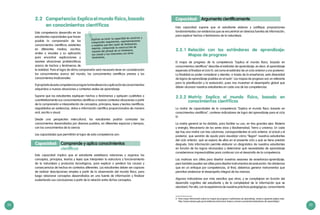 24 25
Esta capacidad supone que el estudiante elabore y justifique proposiciones
fundamentadas con evidencias que se encuentran en diversas fuentes de información,
para explicar hechos o fenómenos de la naturaleza.
2.2.1	Relación con los estándares de aprendizaje:
Mapas de progreso
El mapa de progreso de la competencia "Explica el mundo físico, basado en
conocimientos científicos" describe el estándar de aprendizaje, es decir, el aprendizaje
esperado al finalizar el ciclo IV, así como el estándar de un ciclo anterior y uno posterior.
La finalidad es poder considerar y atender, a través de la enseñanza, esta diversidad
de logros de aprendizaje posibles en el aula4
. Los mapas de progreso son un referente
para la planificación y la evaluación, pues nos muestran el desempeño global que
deben alcanzar nuestros estudiantes en cada una de las competencias.
2.2.2	Matriz: Explica el mundo físico, basado en
conocimientos científicos
La matriz de capacidades de la competencia “Explica el mundo físico basado en
conocimientos científicos”, contiene indicadores de logro del aprendizaje para el ciclo
IV.
La matriz general se ha dividido, para facilitar su uso, en tres grandes ejes: Materia
y energía; Mecanismo de los seres vivos y Biodiversidad; Tierra y universo. En cada
eje hay una matriz con tres columnas, correspondientes al ciclo anterior, el actual y el
posterior, que servirán de ayuda para visualizar cómo “llegan” nuestros estudiantes
del ciclo anterior, qué se espera de ellos en el presente ciclo y qué se tiene previsto
después. Esta información permite elaborar un diagnóstico de nuestros estudiantes
en función de los logros alcanzados y determinar qué necesidades de aprendizaje
consideramos imprescindibles para continuar con el desarrollo de la competencia.
Las matrices son útiles para diseñar nuestras sesiones de enseñanza-aprendizaje,
pero también pueden ser útiles para diseñar instrumentos de evaluación. No olvidemos
que en un enfoque por competencias, al final, debemos generar instrumentos que
permitan evidenciar el desempeño integral de las mismas.
Algunos indicadores son más sencillos que otros, y se complejizan en función del
desarrollo cognitivo del estudiante y de la complejidad de la información que se
abordará. Por ello, con la experiencia de nuestras prácticas pedagógicas, conocimiento
Argumenta científicamenteCapacidad:
4	 Para mayor información sobre los mapas de progreso o estándares de aprendizaje, revise la siguiente página web:
http://www.sineace.gob.pe/acreditacion/educacion-basica-y-tecnico-productiva/estandares-de-aprendizaje/.
2.2	 Competencia: Explica el mundo físico, basado
en conocimientos científicos
Esta competencia desarrolla en los
estudiantes capacidades que hacen
posible la comprensión de los
conocimientos científicos existentes
en diferentes medios, escritos,
orales o visuales y su aplicación
para encontrar explicaciones y
resolver situaciones problemáticas
acerca de hechos y fenómenos de
la realidad. Para el logro de dicha comprensión será necesario tener en consideración
los conocimientos acerca del mundo, los conocimientos científicos previos y los
conocimientos tradicionales.
Elpropósitodeestacompetenciaeslograrlatransferenciaoaplicacióndeconocimientos
adquiridos a nuevas situaciones y contextos reales de aprendizaje.
Supone que los estudiantes expliquen hechos o fenómenos y apliquen cualitativa o
cuantitativamente sus conocimientos científicos a nuevos contextos situaciones a partir
de la comprensión e interpretación de conceptos, principios, leyes y teorías científicas,
respaldados en evidencias, datos e información científica proporcionados de manera
oral, escrita o visual.
Desde una perspectiva intercultural, los estudiantes podrán contrastar los
conocimientos desarrollados por diversos pueblos, en diferentes espacios y tiempos,
con los conocimientos de la ciencia.
Las capacidades que permitirán el logro de esta competencia son:
Esta capacidad implica que el estudiante establezca relaciones y organice los
conceptos, principios, teorías y leyes que interpreten la estructura y funcionamiento
de la naturaleza y productos tecnológicos, para explicar o predecir las causas y
consecuencias de hechos en contextos diferentes. Los estudiantes deben ser capaces
de realizar descripciones simples a partir de la observación del mundo físico, para
luego relacionar conceptos desarrollados en una fuente de información y finalizar
sustentando sus conclusiones a partir de la relación entre dichos conceptos.
Explicar es tener la capacidad de construir y
comprender argumentos, representaciones
o modelos que den razón de fenómenos.
Además, comprende la construcción de
razones del porqué de un fenómeno,
sus causas y sus relaciones con otros
fenómenos.
Comprende y aplica conocimientos
científicos
Capacidad:
 