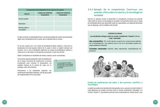 88 89
La tecnología de control
permite que las actividades
se desarrollen como fueron
planeadas.
Comparación de la adaptación de los cuyes en las cuyeras
Aspecto
Cuyera con control de
temperatura
Cuyera sin control de
temperatura
Nivel de apetito
Motricidad
Nivel de estrés o
comodidad
En este momento, los estudiantes hacen uso de la tecnología de control, que les permite
vigilar que la temperatura de la cuyera sea la indicada para la crianza.
En las dos cuyeras (con y sin control de temperatura) debe medirse a cada hora la
temperatura de cada espacio interno de la cuyera y hacer un registro durante una
semana, con lo cual el estudiante determina los rangos de temperatura (mínimo y
máximo) en un día entero y la temperatura promedio a cada hora del día.
Deben compararse los resultados de ambas cuyeras y sacar conclusiones.
Formulamos algunas preguntas sobre la planificación
de la cuyera, el proceso de construcción, el proceso
incorporado para controlar la temperatura, las
posibles mejoras en la crianza de cuyes con su
prototipo, entre otros factores.
Proponemos a los estudiantes organizar una
presentación del trabajo realizado, a fin de que pueda
ser implementado en la comunidad.
3.2.4	Ejemplo de la competencia: Construye una
posición crítica sobre la ciencia y la tecnología en
sociedad
Veamos un ejemplo donde se desarrollan la competencia Construye una posición
crítica sobre la ciencia y la tecnología en sociedad. Es importante aclarar que no todas
las actividades tienen que desarrollar todas las capacidades, eso depende del tiempo
que se disponga y de los objetivos del docente.
Actividad de debate
Los estudiantes indagan sobre la comida considerada “chatarra” y la co-
mida “saludable”.
Idea sociocientífica: “Por mucho tiempo se ignoró las consecuencias globales
de la industrialización. Hoy sabemos que el uso de la tecnología requiere de
responsabilidad ambiental”.
Contenidos relacionados: Nutrición, dieta, saborizantes, industrialización de
productos.
Evalúa las implicancias del saber y del quehacer científico y
tecnológico
La sesión se puede iniciar planteando interrogantes como: ¿qué es la comida chatarra?,
¿qué diferencias se pueden encontrar entre la comida considerada “saludable” y la
comida “chatarra”?, ¿qué efectos producen esos componentes en nuestra salud?, ¿son
 