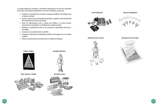 96 97
Peso, volumen y medida Laboratorio básico
Es imprescindible que docentes y estudiantes dispongamos de recursos educativos
para lograr aprendizajes significativos en ciencia y tecnología, puesto que:
	 Facilitan la comprensión de conceptos o principios científicos o tecnológicos que
se desean transferir.
	 Ayudan a potenciar las capacidades sensoriales y cognitivas, base fundamental
del aprendizaje de ciencia y tecnología.
	 Sirven de intermediarios entre la ciencia del científico y la ciencia escolar,
aproximando al estudiante a la realidad que se desea estudiar.
	 Movilizan la participación activa en los procesos de aprendizaje de ciencia y
tecnología.
	 Enriquecen el vocabulario técnico-científico.
	 Favorecen el desarrollo de habilidades científicas y tecnológicas con una actitud
científica.
	 Ofrecen la oportunidad de transformarlos en objetos tecnológicos.
Tablero metálico Esqueleto interactivo
Set de hidroponía
Modelo de torso humano Simulador de ciclo de agua
Juego de investigación
 