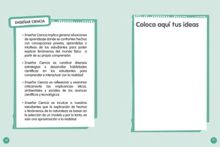 ENSEÑAR CIENCIA
Enseñar Ciencia implica generar situaciones
de aprendizaje donde se confronten hechos
con concepciones previas, aprendidas o
intuitivas de los estudiantes para poder
explicar fenómenos del mundo físico a
partir de su propia comprensión.
Enseñar Ciencia es construir diversas
estrategias o desarrollar habilidades
científicas en los estudiantes para
comprender e interactuar con la realidad.
Enseñar Ciencia es reflexionar y examinar
críticamente las implicancias éticas,
ambientales y sociales de los avances
científicos y tecnológicos.
Enseñar Ciencia es inculcar a nuestros
estudiantes que la explicación de hechos
o fenómenos de la naturaleza se basan en
la selección de un modelo y por lo tanto, es
solo una aproximación a la realidad.
•	
•	
•	
Coloca aquí tus ideas
•	
116 117
 