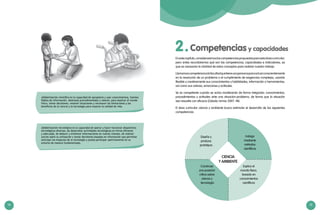 14 15
Competencias y capacidades2.
Enestecapítulo,consideraremoslascompetenciaspropuestasparaestaáreacurricular;
pero antes recordaremos qué son las competencias, capacidades e indicadores, ya
que es necesaria la claridad de estos conceptos para realizar nuestro trabajo.
Llamamoscompetenciaalafacultadquetieneunapersonaparaactuarconscientemente
en la resolución de un problema o el cumplimiento de exigencias complejas, usando
flexible y creativamente sus conocimientos y habilidades, información o herramientas,
así como sus valores, emociones y actitudes.
Se es competente cuando se actúa movilizando de forma integrada: conocimientos,
procedimientos y actitudes ante una situación-problema, de forma que la situación
sea resuelta con eficacia (Zabala–Arnau 2007: 48).
El área curricular ciencia y ambiente busca estimular el desarrollo de las siguientes
competencias:
Diseña y
produce
prototipos
Indaga
mediante
métodos
científicos
Construye
una posición
crítica sobre
ciencia y
tecnología
Explica el
mundo físico,
basado en
conocimientos
científicos
CIENCIA
Y AMBIENTE
Alfabetización científica es la capacidad de apropiarse y usar conocimientos, fuentes
fiables de información, destrezas procedimentales y valores, para explicar el mundo
físico, tomar decisiones, resolver situaciones y reconocer las limitaciones y los
beneficios de la ciencia y la tecnología para mejorar la calidad de vida.
Alfabetización tecnológica es la capacidad de operar y hacer funcionar dispositivos
tecnológicos diversos, de desarrollar actividades tecnológicas en forma eficiente
y adecuada, de deducir y sintetizar informaciones en nuevas visiones, de realizar
juicios sobre su utilización y tomar decisiones basadas en información que permitan
anticipar los impactos de la tecnología y pueda participar asertivamente en su
entorno de manera fundamentada.
 