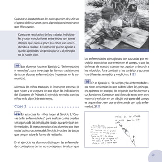 31
Cuando se acostumbran, los niños pueden discutir sin
el apoyo del instructor, pero al principio es importante
que él los ayude.
Comparar resultados de los trabajos individua-
les y sacar conclusiones entre todos son tareas
difíciles que poco a poco los niños van apren-
diendo a realizar. El instructor puede ayudar a
que las aprendan, sin preocuparse si al principio
no lo hacen bien.
Los alumnos hacen el Ejercicio 2, “Enfermedades
y remedios”, para investigar las formas tradicionales
de tratar algunas enfermedades frecuentes en la co-
munidad.
Mientras los niños trabajan, el instructor observa lo
que hacen y se asegura de que sigan las indicaciones
del Cuaderno de Trabajo. El ejercicio se revisa con los
niños en la clase 3 de este tema.
Clase 2
En esta clase los niños hacen el Ejercicio 3, “Cau-
sas de las enfermedades”, para analizar cuáles pueden
ser algunas de las principales causas que provocan en-
fermedades. El instructor pide a los alumnos que lean
todas las instrucciones del Ejercicio 3 y aclara las dudas
que tengan sobre la forma de realizarlo.
En el ejercicio los alumnos distinguen las enfermeda-
des contagiosas de las no contagiosas. Analizan que
las enfermedades contagiosas son causadas por mi-
crobios o parásitos que entran en el cuerpo, y que las
defensas de nuestro cuerpo nos ayudan a destruir a
los microbios. Para combatir a los parásitos y gusanos
hay diferentes remedios y medicinas. 1
En el Ejercicio 4, “EI cuerpo y las enfermedades”,
los niños recuerdan lo que saben sobre los principa-
les aparatos del cuerpo, los órganos que los forman y
sus funciones. Consultan sus libros de texto o en otro
material y señalan en un dibujo qué parte del cuerpo
es la que ellos creen que se afecta más con cada enfer-
medad. 2
 