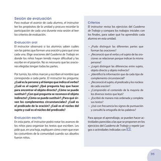 315
Criterios
El instructor revisa los ejercicios del Cuaderno
de Trabajo y compara los trabajos iniciales con
los finales, para saber qué ha aprendido cada
alumno en esta unidad.
•	 ¿Pudo distinguir las diferentes partes que
forman las oraciones?
•	 ¿Reconoció que el verbo y el sujeto de las ora-
ciones se relacionan porque indican la misma
persona?
•	 ¿Logró distinguir las diferencias entre sujeto,
objeto directo y objeto indirecto?
•	 ¿Identificó la información que da cada tipo de
complemento circunstancial?
•	 ¿Reconoció el sujeto, el predicado y los núcleos
de cada oración?
•	 ¿Comprendió el contenido de la mayoría de
los diversos textos que leyó?
•	 ¿Escribió de manera más ordenada y completa
sus textos?
•	 ¿Usó con frecuencia los signos de puntuación
y consultó la ortografía de las palabras?
Para apoyar el aprendizaje, se pueden hacer ac-
tividades parecidas a las que se proponen en los
ejercicios del Cuaderno de Trabajo y repetir jue-
gos o actividades indicadas con .
Sesión de evaluación
Para evaluar el avance de cada alumno, el instructor
lee los propósitos de la unidad y procura recordar la
participación de cada uno durante esta sesión al leer
los criterios de evaluación.
Evaluación oral
El instructor observará si los alumnos saben cuáles
son las partes que forman una oración y para qué sirve
cada una. Elige oraciones del Cuaderno de Trabajo en
donde los niños hayan tenido mayor dificultad y las
escribe en el pizarrón. No es necesario que las oracio-
nes elegidas tengan todas las partes.
Por turnos, los niños marcan y escriben el nombre que
corresponda a cada parte. El instructor les pregunta:
¿Cuál es la persona y el tiempo que indica el verbo?
¿Cuál es el sujeto? ¿Qué pregunta hay que hacer
para encontrar el objeto directo? ¿Cómo se puede
sustituir? ¿Con qué pregunta se reconoce el objeto
indirecto? ¿Cómo se puede sustituir? ¿Para qué sir-
ven los complementos circunstanciales? ¿Cuál es
el predicado de la oración? ¿Cuál es el núcleo del
sujeto y cuál es el núcleo del predicado?
Evaluación escrita
En esta parte, el instructor podrá notar los avances de
los niños para organizar los textos que escriben. Les
pide que, en una hoja, expliquen cómo creen que eran
las costumbres de la comunidad cuando sus abuelos
fueron niños.
 