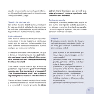 aquellos temas donde los alumnos hayan tenido ma-
yor dificultad. Puede repetir ejercicios del Cuaderno de
Trabajo, actividades y juegos.
Sesión de evaluación
Para evaluar el avance de cada alumno, el instructor
lee los propósitos de la unidad y, al revisar los criterios
de evaluación, procura recordar la participación que
haya tenido cada alumno durante esta sesión.
Evaluación oral
Antes de iniciar esta sesión, el instructor busca infor-
mación sobre el tipo de situaciones o trámites que
suelen tener los habitantes de la comunidad. Elige
varios problemas reales con el fin de que los alumnos
expliquen qué harían para resolverlos.
Si falta algún servicio en la comunidad, como luz, agua
o drenaje, el instructor pregunta: ¿Con qué institu-
ción habría que tratar el problema? ¿Cómo obten-
drían la información para saber qué documentos y
trámites se necesitan?
Si se trata de comprar o vender algo, el instructor
puede hacer preguntas como: ¿Qué documentos se
necesitan para dejar constancia de la transacción?
¿Qué datos tendrían que incluir? ¿Qué problemas
se pueden generar si no existen estos documentos?
Si es un problema de salud o se trata de accidentes
y fenómenos naturales que afecten frecuentemente
a la comunidad, el instructor pregunta: ¿En dónde
podrían obtener información para prevenir o re-
solver el problema? ¿Cómo se organizarían en la
comunidad para resolverlo?
Evaluación escrita
En esta parte, el instructor podrá notar los avances de
cada alumno para organizar los textos que escriben.
Les pide que, en una hoja, describan lo que van a ha-
cer cuando salgan de la primaria y los pasos que de-
ben seguir para lograr sus deseos.
Criterios
El instructor revisa los ejercicios del Cuaderno
de Trabajo y compara los trabajos iniciales con
los finales, para saber qué ha aprendido cada
alumno en esta unidad.
•	 ¿Pudo reconocer el tipo de información que
incluyen algunos documentos y para qué sirve
cada uno de ellos?
•	 ¿Distinguió palabras que corresponden al
gerundio, participio e infinitivo en la frase
verbal de algunas oraciones?
•	 ¿Comprendió lo que significa la variedad y
cambio en las formas de hablar el español?
•	 ¿Redactó de diferente manera las cartas perso-
nales, las cartas formales y los telegramas?
•	 ¿Ha expresado su opinión acerca de lo que
ha leído y escuchado en diferentes medios
de comunicación?
•	 ¿Identificó los diferentes tipos de enunciados?
333
 