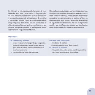 53
En el tema 2 se intenta desarrollar la noción de cam-
bio en los seres vivos y en el medio a lo largo de miles
de años. Hablar acerca de cómo eran los dinosaurios
y cómo vivían, desarrolla la imaginación de los niños
y los ayuda a percibir cómo las condiciones del cli-
ma y del paisaje de la Tierra han ido cambiando en
el transcurso del tiempo y cómo muchos seres que
vivieron en épocas pasadas se extinguieron. Otros
sobrevivieron y siguieron cambiando.
El tema 3 es importante para que los niños analicen sus
ideas para que imaginen alternativas de explicación so-
bre la forma de la Tierra y para que traten de entender
por qué no nos caernos y cómo se sostiene la Tierra en
el espacio. Este tema ayuda a desarrollar la capacidad
de argumentación de los niños. Por eso es importante
pedirles que justifiquen sus ideas y que las discutan
entre ellos tratando de convencerse unos a otros.
Materiales
Los seres vivos y el medio
•	 Envase trasparente lo más grande que sea posible,
pedazo de plástico para tapar el envase, arena o
grava, tierra de cultivo, plantas y animales chicos
para hacer un terrario.
•	 Los materiales del Juego “La caja negra”.
Los seres vivos se adaptan
•	 Dos bolsas de plástico.
•	 Los materiales del Juego “Basta vegetal”.
La Tierra en el Universo
•	 Una pelota chica, ocho canicas, plastilina y cartulina
para hacer la maqueta del Sistema Solar.
 