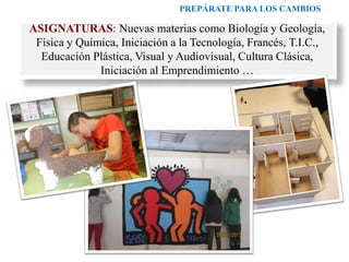 PREPÁRATE PARA LOS CAMBIOS
ASIGNATURAS: Nuevas materias como Biología y Geología,
Física y Química, Iniciación a la Tecnología, Francés, T.I.C.,
Educación Plástica, Visual y Audiovisual, Cultura Clásica,
Iniciación al Emprendimiento …
 