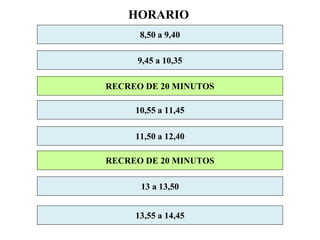 8,50 a 9,40
RECREO DE 20 MINUTOS
9,45 a 10,35
10,55 a 11,45
11,50 a 12,40
RECREO DE 20 MINUTOS
13 a 13,50
13,55 a 14,45
HORARIO
 