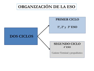 ORGANIZACIÓN DE LA ESO
DOS CICLOS
PRIMER CICLO
1º, 2º y 3º ESO
SEGUNDO CICLO
4º ESO
Carácter Terminal y propedéutico
 