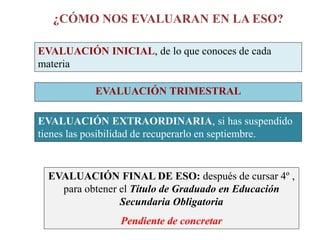 ¿CÓMO NOS EVALUARAN EN LA ESO?
EVALUACIÓN INICIAL, de lo que conoces de cada
materia
EVALUACIÓN TRIMESTRAL
EVALUACIÓN FINAL DE ESO: después de cursar 4º ,
para obtener el Título de Graduado en Educación
Secundaria Obligatoria
Pendiente de concretar
EVALUACIÓN EXTRAORDINARIA, si has suspendido
tienes las posibilidad de recuperarlo en septiembre.
 