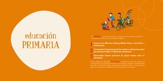 Educación Primaria		       ACTIVIDAD




     educación                          El  objetivo      en la etapa de primaria, a lo largo de los tres ciclos, a través de la
                                        actividad de las tutorías, es que el alumnado llegue a :




   PRIMARIA                            1
                                       2
                                            Conocer las diferentes discapacidades físicas, sensoriales e
                                            intelectuales.

                                            Comprender la importancia de las ayudas a cada persona para
                                            que pueda participar de diferentes situaciones.


                                       3    Desarrollar buenas prácticas de apoyo mutuo entre el
                                            alumnado.
                                       En esta etapa hemos planteado 10 actividades en función de cada ciclo, teniendo en
                                       cuenta la edad. Se recomiendan materiales para el primer y segundo ciclo diferenciados
                                       de los del tercer ciclo. En algunas propuestas de actividad se ofrecen varias opciones a
                                       elegir por el profesorado en función de las características de cada grupo.



                       6                                                             7
 